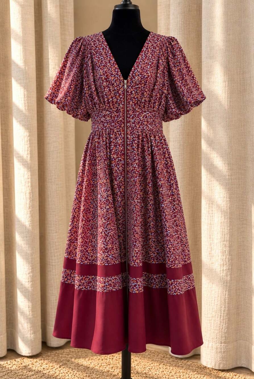 SHE+SKY Floral Midi Dress Size M Burgundy V-Neck Zip Puff Sleeve